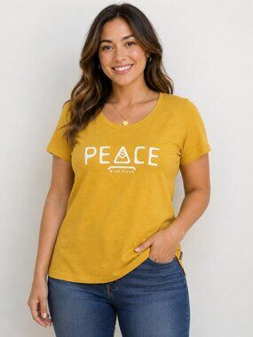 Wind River Women's L/G Yellow Peace Graphic T-Shirt Mustard Short Sleeve Cotton